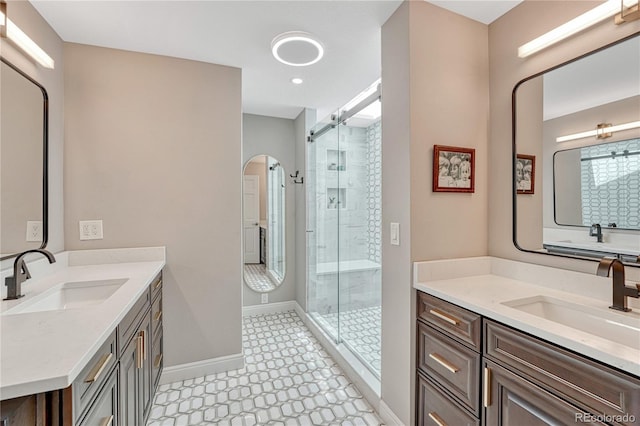 10289 E Berry Dr, Greenwood Village, CO 80111 - full bathroom featuring a stall shower, two vanities, and tile patterned floors