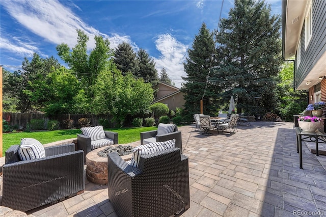 10289 E Berry Dr, Greenwood Village, CO 80111 - fenced backyard with outdoor lounge area, outdoor dining space, and a patio