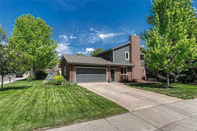 10289 E Berry Dr, Greenwood Village, CO 80111 - view of front of house with brick siding, a garage, a front lawn, concrete driveway, and a chimney
