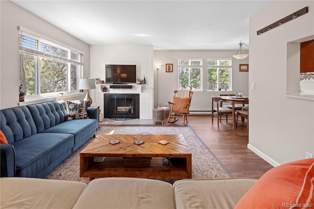 living room with baseboard heating and hardwood / wood-style floors