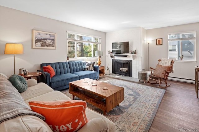 living room with baseboard heating and hardwood / wood-style floors