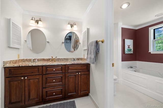 5922 E Briarwood Dr, Centennial, CO 80112 - bathroom with tile patterned floors, double vanity, a garden tub, and ornamental molding