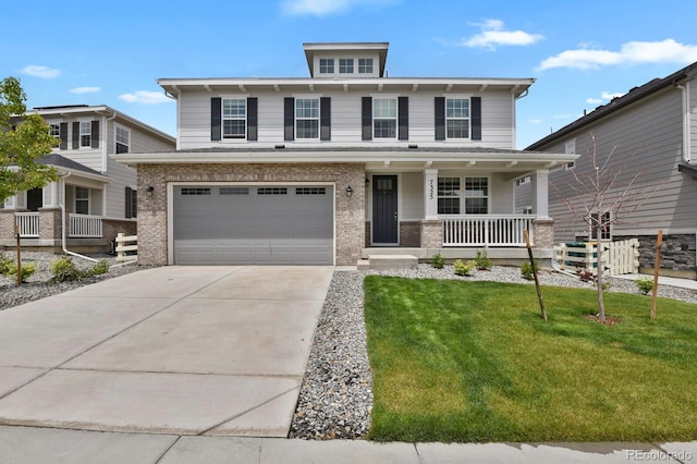 7325 S Waterloo Way, Aurora, CO 80016 - view of front facade featuring a porch, brick siding, a front yard, an attached garage, and driveway