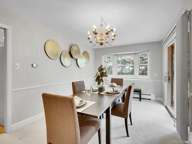 5895 W Plymouth Dr, Littleton, CO 80128 - dining room with a chandelier, light carpet, and a baseboard heating unit