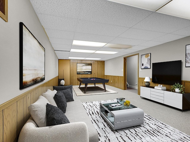 5895 W Plymouth Dr, Littleton, CO 80128 - living area featuring a wainscoted wall, wood walls, carpet flooring, pool table, and a drop ceiling