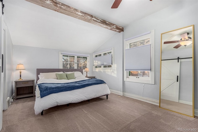 carpeted bedroom featuring vaulted ceiling with beams, a barn door, and ceiling fan