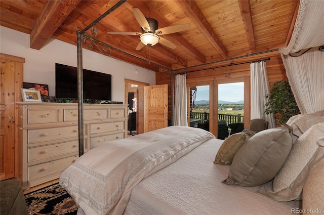 bedroom with beam ceiling, access to exterior, wooden ceiling, and ceiling fan