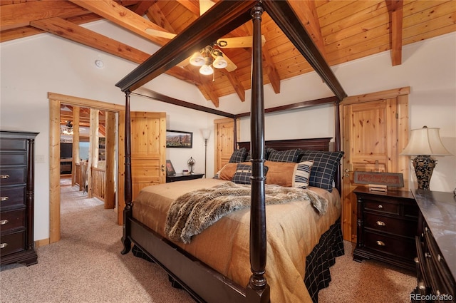 bedroom featuring wooden ceiling, vaulted ceiling with beams, and light colored carpet