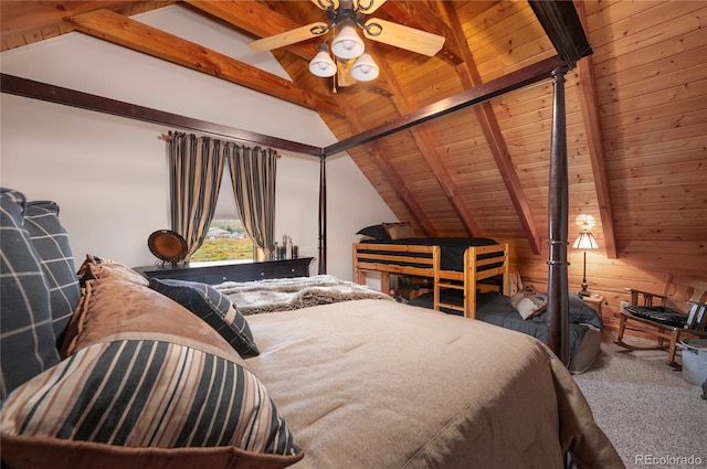 carpeted bedroom featuring wood ceiling, lofted ceiling with beams, wooden walls, and ceiling fan