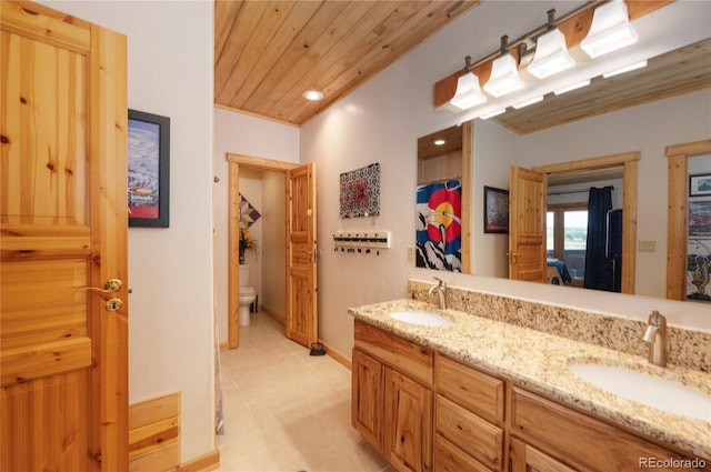 bathroom featuring toilet, wood ceiling, and vanity