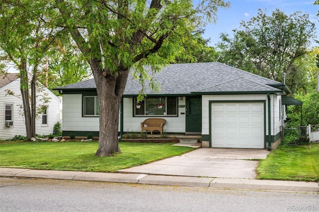 3231 S Elati St, Englewood, CO 80110 - ranch-style house with roof with shingles, a garage, concrete driveway, and a front yard