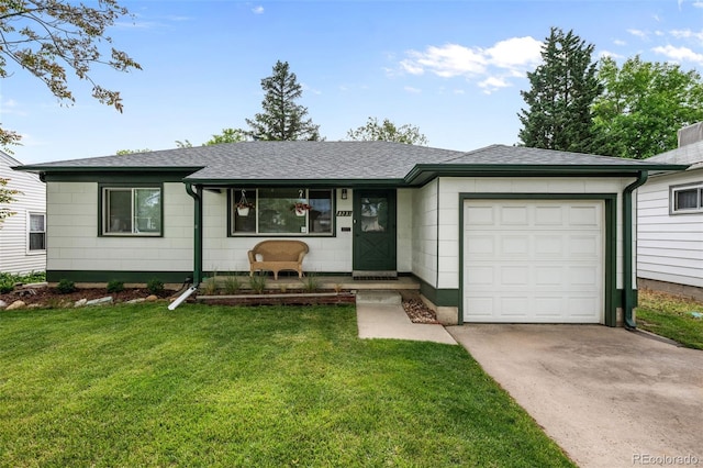 3231 S Elati St, Englewood, CO 80110 - ranch-style home featuring concrete driveway, a front lawn, an attached garage, and roof with shingles