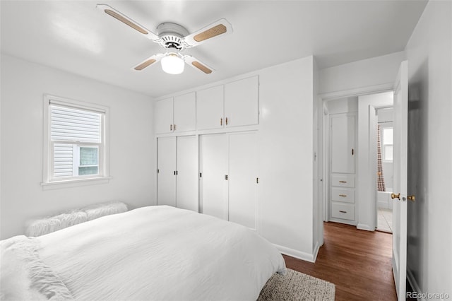 3231 S Elati St, Englewood, CO 80110 - bedroom with dark wood-style flooring, a closet, a ceiling fan, and baseboards