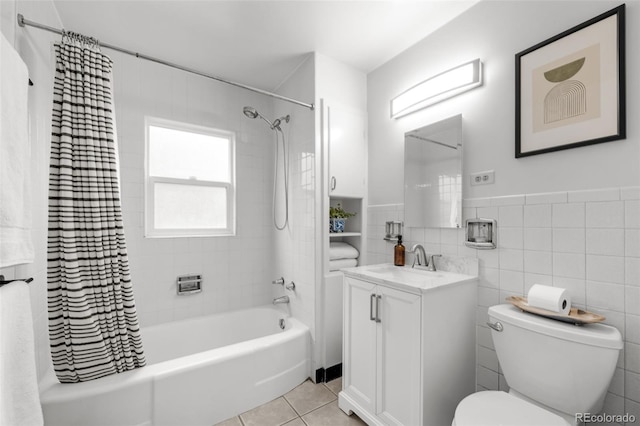 3231 S Elati St, Englewood, CO 80110 - bathroom with toilet, shower / bath combo, vanity, tile walls, and tile patterned flooring