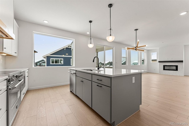 kitchen featuring stainless steel appliances, white cabinets, plenty of natural light, sink, and an island with sink