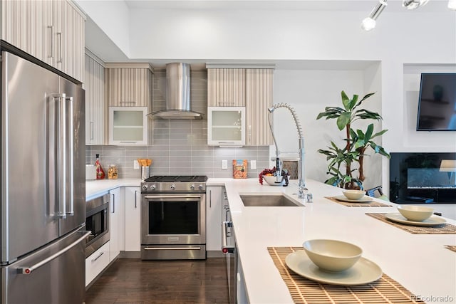 kitchen featuring wall chimney range hood, sink, tasteful backsplash, dark hardwood / wood-style flooring, and stainless steel appliances