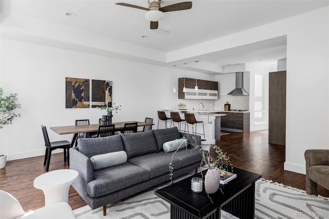 1715 Boulder St, Denver, CO 80211 - living area with a ceiling fan, dark wood-style floors, and recessed lighting
