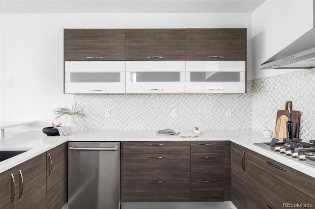 1715 Boulder St, Denver, CO 80211 - kitchen featuring wall chimney exhaust hood, appliances with stainless steel finishes, dark brown cabinetry, and modern cabinets