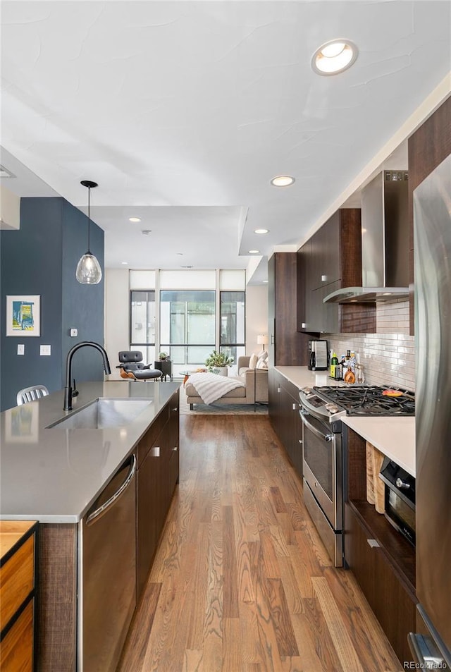 kitchen featuring pendant lighting, wall chimney range hood, sink, light hardwood / wood-style flooring, and stainless steel appliances