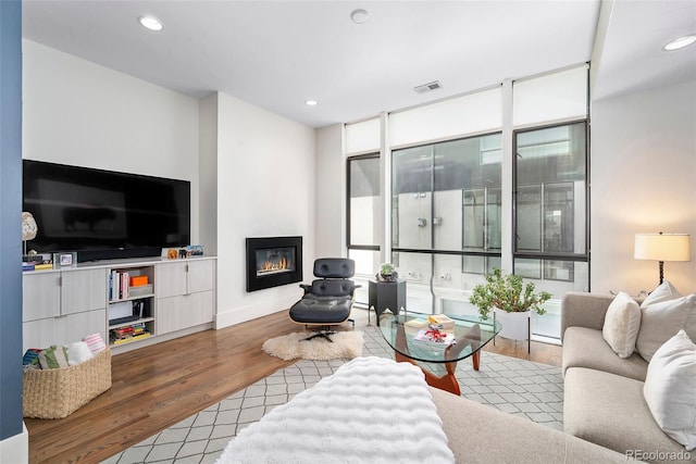 living room featuring expansive windows and wood-type flooring