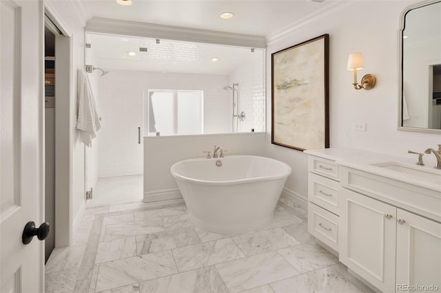 bathroom featuring ornamental molding, separate shower and tub, and vanity