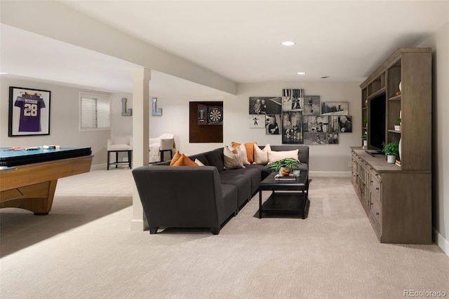 living room with pool table and light carpet