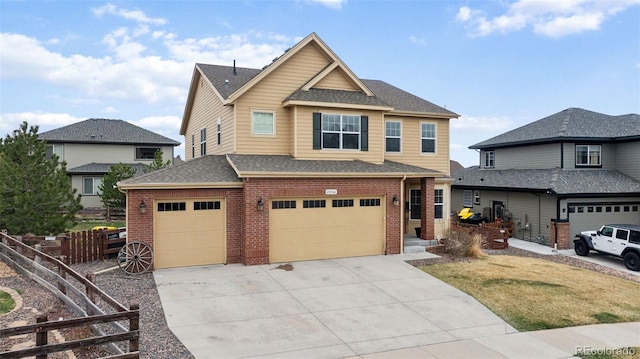 20366 Spruce Point Pl, Parker, CO 80134 - view of front facade featuring concrete driveway, brick siding, a shingled roof, and an attached garage