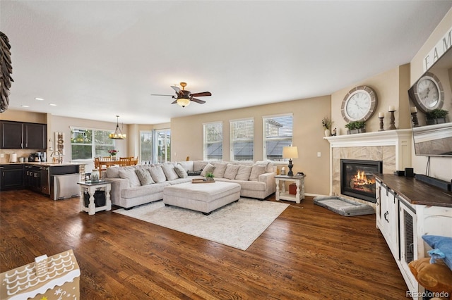 20366 Spruce Point Pl, Parker, CO 80134 - living room with a fireplace, dark wood finished floors, ceiling fan, and recessed lighting