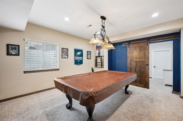 20366 Spruce Point Pl, Parker, CO 80134 - rec room with carpet, a barn door, pool table, and recessed lighting