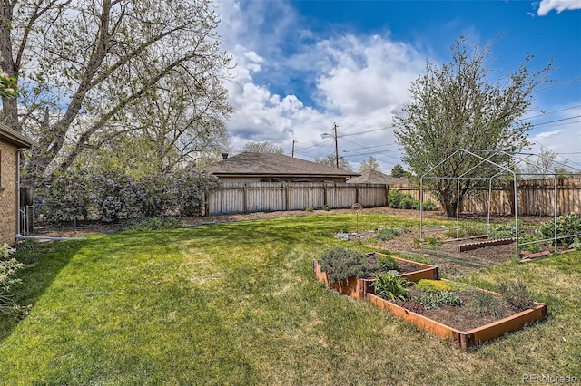 view of yard featuring a fenced backyard and a vegetable garden