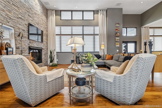 living room featuring a stone fireplace and wood finished floors