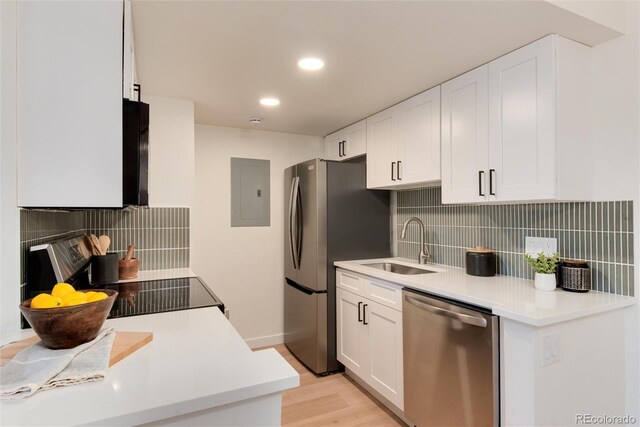 8335 Fairmount Dr Unit 7-208, Denver, CO 80247 - kitchen with appliances with stainless steel finishes, electric panel, decorative backsplash, white cabinetry, and light wood-style flooring