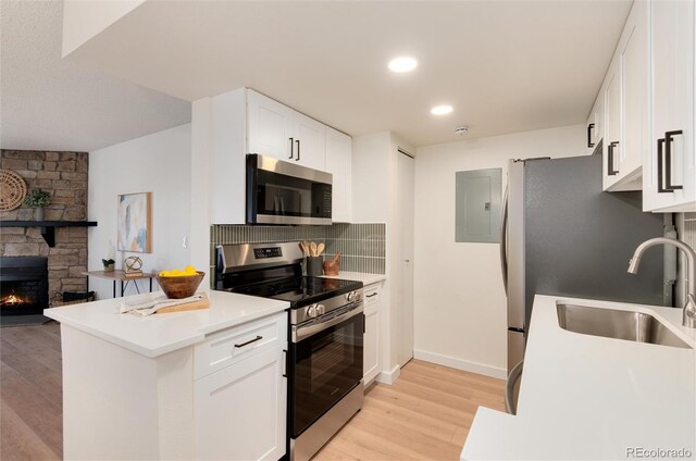 8335 Fairmount Dr Unit 7-208, Denver, CO 80247 - kitchen with appliances with stainless steel finishes, light wood-style floors, decorative backsplash, white cabinets, and light countertops