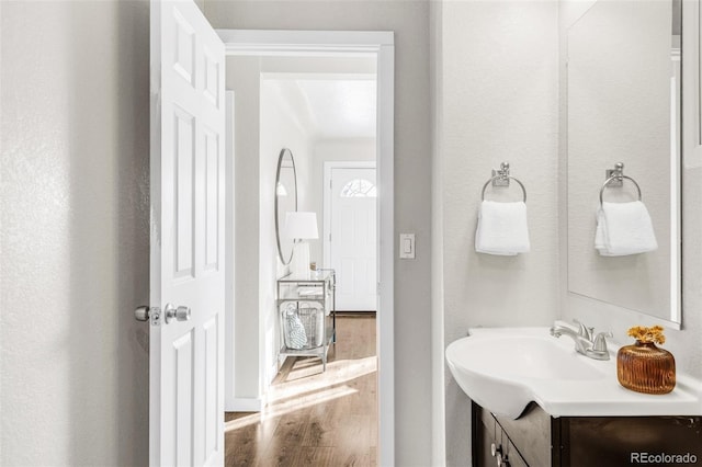 bathroom featuring vanity and hardwood / wood-style floors