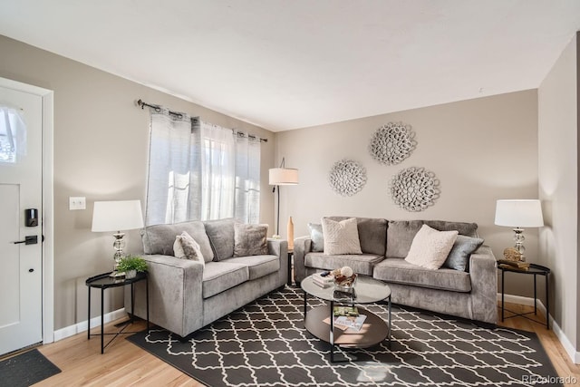 living room featuring wood finished floors and baseboards