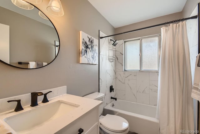 bathroom with shower / bathtub combination with curtain, toilet, and vanity