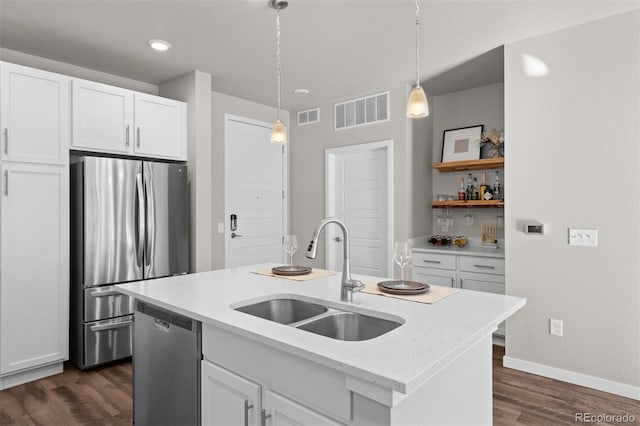 kitchen featuring white cabinetry, sink, an island with sink, and stainless steel appliances