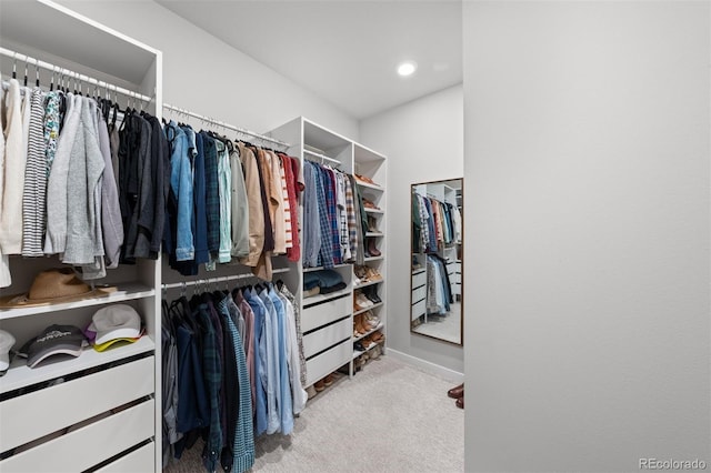 spacious closet featuring light carpet