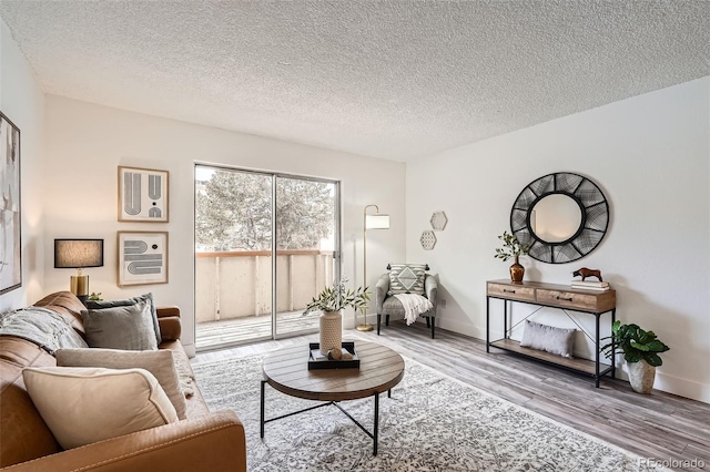 living room with a textured ceiling, wood finished floors, and baseboards