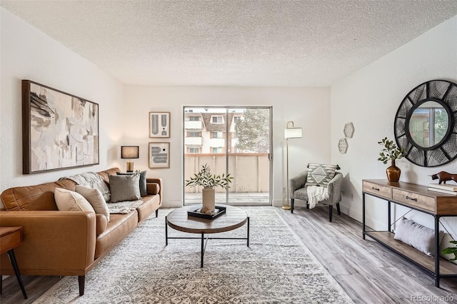 living area featuring a textured ceiling and wood finished floors