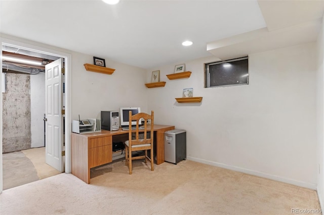 office area featuring recessed lighting, light colored carpet, and baseboards