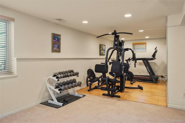 10200 Julian St, Westminster, CO 80031 - workout room featuring carpet, baseboards, visible vents, and recessed lighting