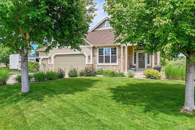 6696 S Quail Ct, Littleton, CO 80127 - view of property hidden behind natural elements with an attached garage, a front lawn, a shingled roof, and stone siding