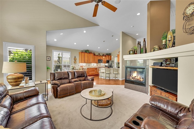 6696 S Quail Ct, Littleton, CO 80127 - living area with a ceiling fan, a fireplace, recessed lighting, and high vaulted ceiling