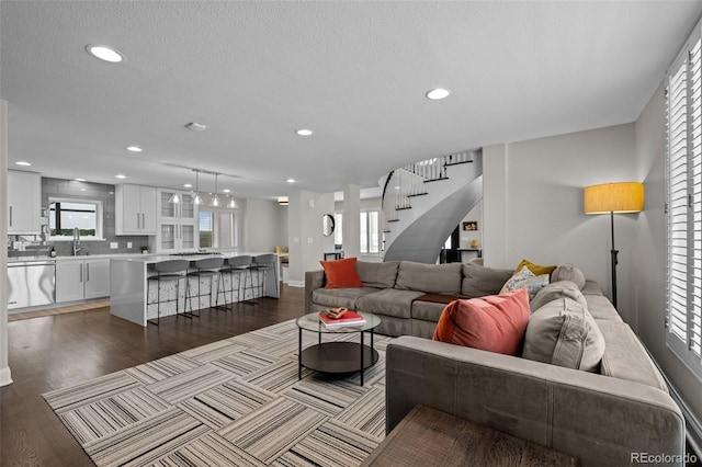 living room featuring sink and dark wood-type flooring