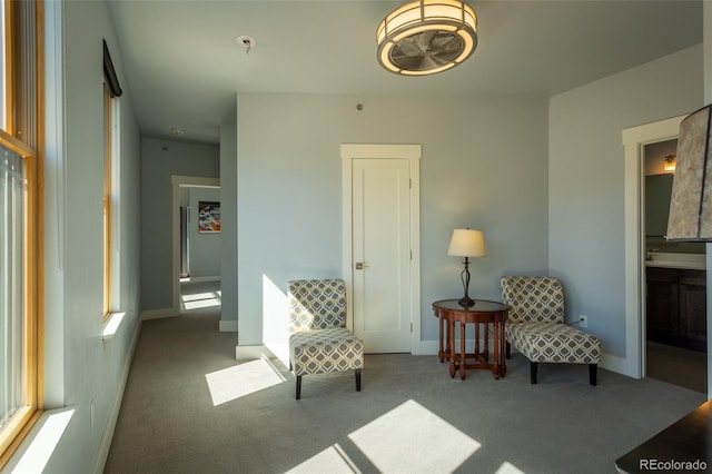 living area with carpet floors and baseboards