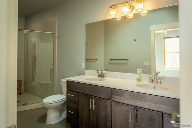 full bathroom featuring a sink, a shower stall, and toilet