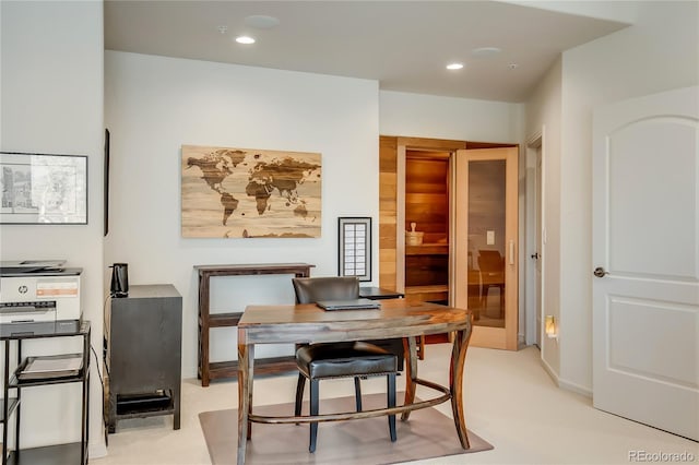 office area featuring recessed lighting and light colored carpet