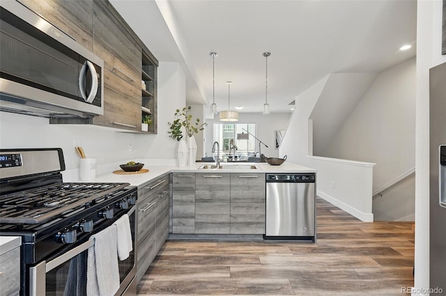 kitchen featuring gray cabinetry, open shelves, a sink, stainless steel appliances, and a peninsula