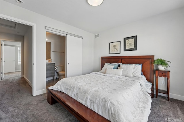 bedroom with visible vents, baseboards, a closet, and carpet flooring